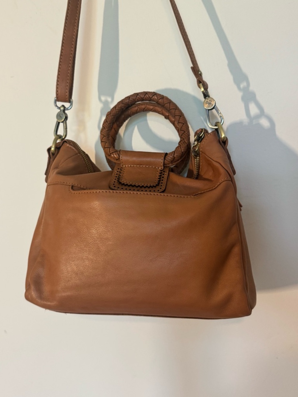 HOBO Cognac Leather Shoulder Bag Woven Handle Crossbody - Picture 4 of 8